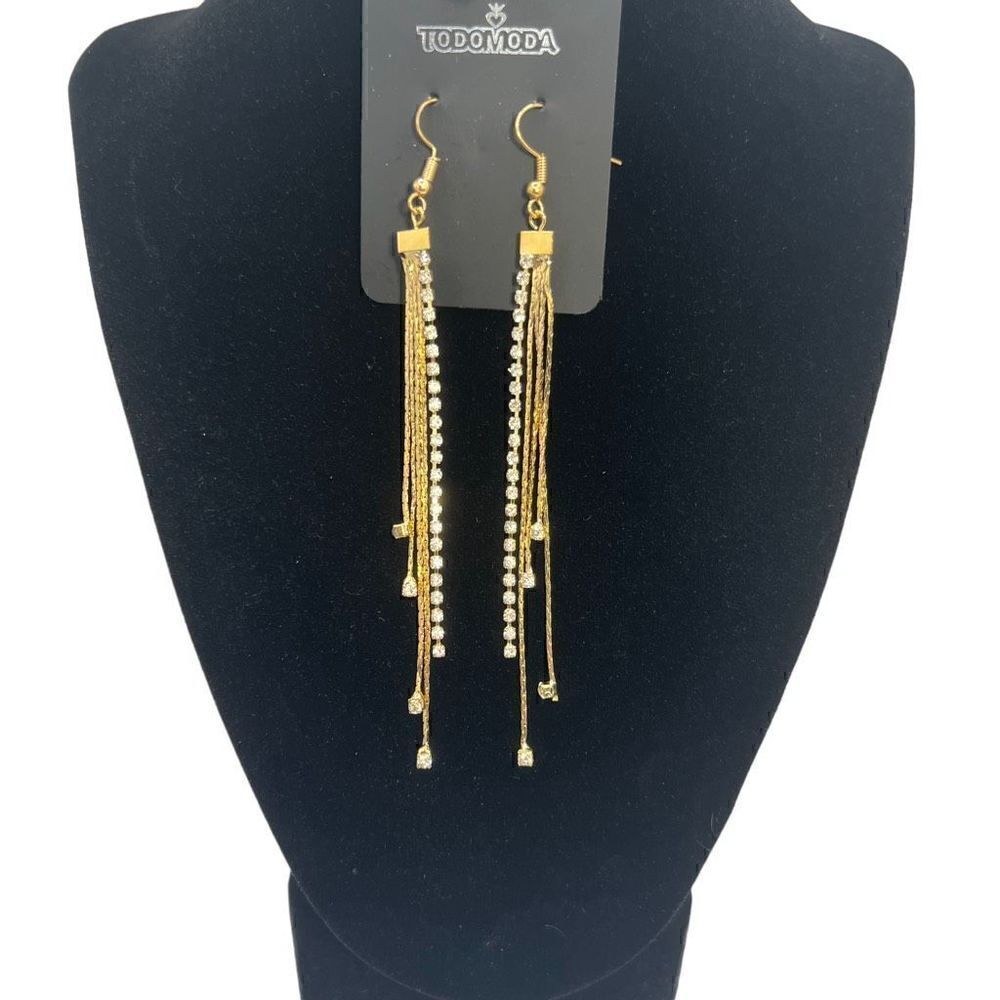 ToDoModa Earrings Fishhook Rhinestone Gold Toned Strands Teardrop Length 11”